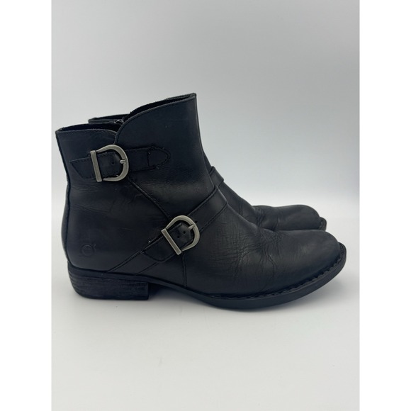 Born Women's 8M Black Leather Ankle Boots Buckle Strap Side Zip Round Toe Moto - Picture 1 of 9